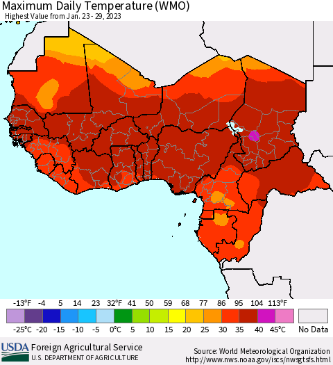 Western Africa Maximum Daily Temperature (WMO) Thematic Map For 1/23/2023 - 1/29/2023