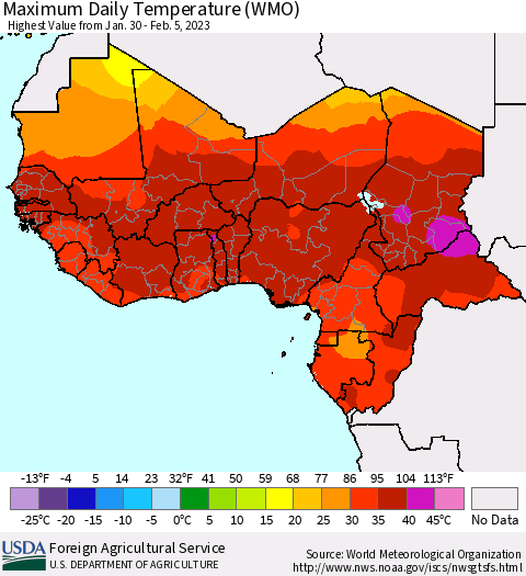 Western Africa Maximum Daily Temperature (WMO) Thematic Map For 1/30/2023 - 2/5/2023