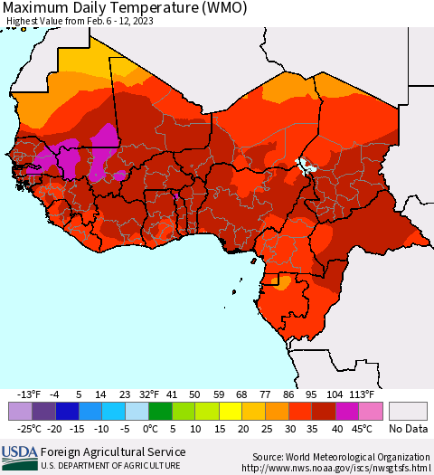 Western Africa Maximum Daily Temperature (WMO) Thematic Map For 2/6/2023 - 2/12/2023