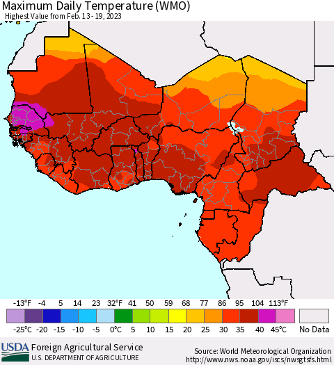 Western Africa Maximum Daily Temperature (WMO) Thematic Map For 2/13/2023 - 2/19/2023