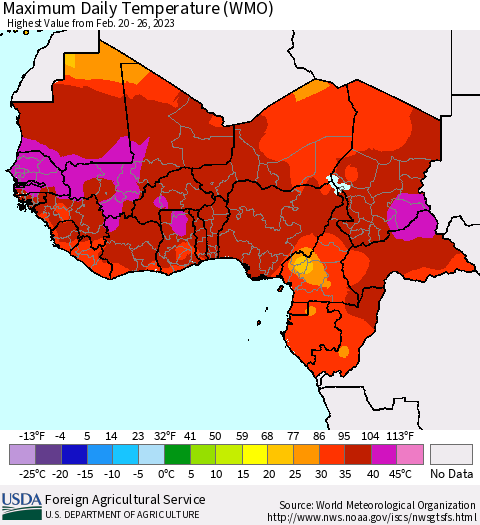 Western Africa Maximum Daily Temperature (WMO) Thematic Map For 2/20/2023 - 2/26/2023