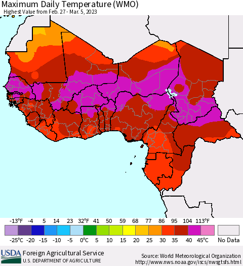 Western Africa Maximum Daily Temperature (WMO) Thematic Map For 2/27/2023 - 3/5/2023