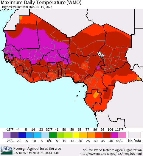 Western Africa Maximum Daily Temperature (WMO) Thematic Map For 3/13/2023 - 3/19/2023