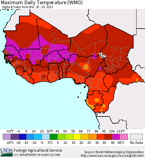 Western Africa Maximum Daily Temperature (WMO) Thematic Map For 3/20/2023 - 3/26/2023