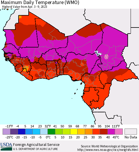 Western Africa Maximum Daily Temperature (WMO) Thematic Map For 4/3/2023 - 4/9/2023