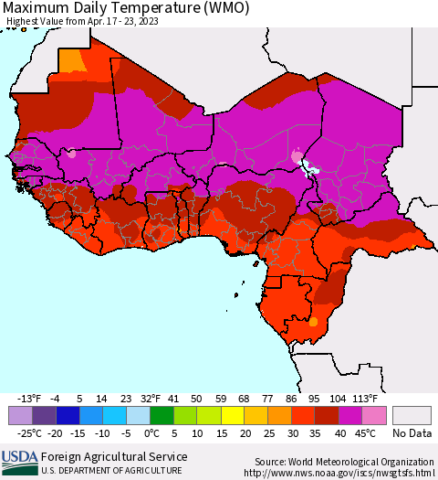 Western Africa Maximum Daily Temperature (WMO) Thematic Map For 4/17/2023 - 4/23/2023
