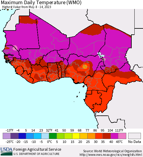 Western Africa Maximum Daily Temperature (WMO) Thematic Map For 5/8/2023 - 5/14/2023