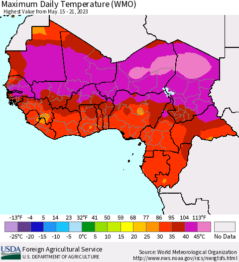 Western Africa Maximum Daily Temperature (WMO) Thematic Map For 5/15/2023 - 5/21/2023