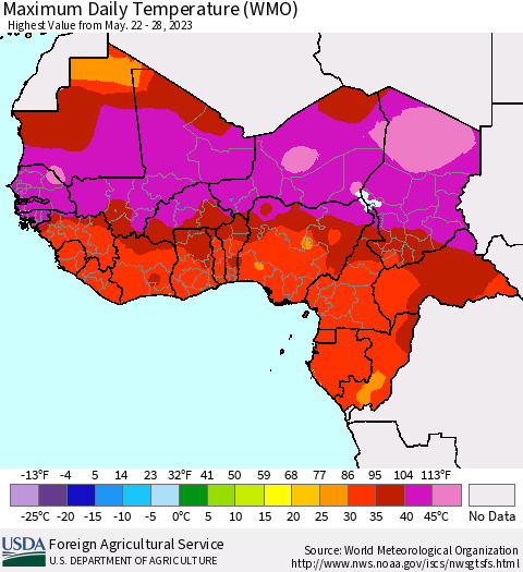 Western Africa Maximum Daily Temperature (WMO) Thematic Map For 5/22/2023 - 5/28/2023