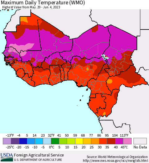 Western Africa Maximum Daily Temperature (WMO) Thematic Map For 5/29/2023 - 6/4/2023