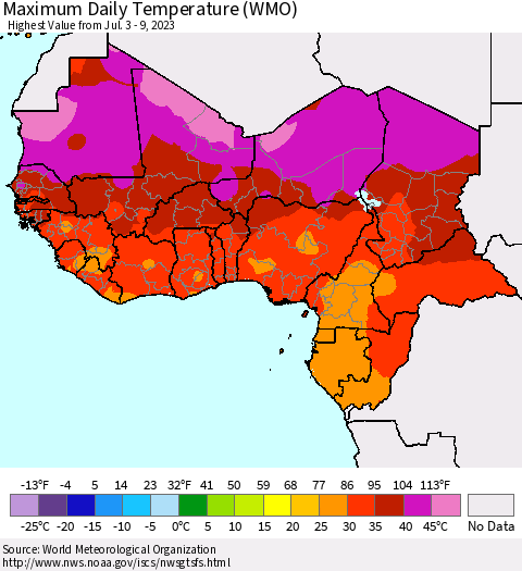 Western Africa Maximum Daily Temperature (WMO) Thematic Map For 7/3/2023 - 7/9/2023