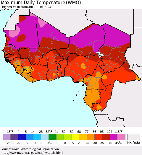 Western Africa Maximum Daily Temperature (WMO) Thematic Map For 7/10/2023 - 7/16/2023