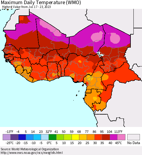 Western Africa Maximum Daily Temperature (WMO) Thematic Map For 7/17/2023 - 7/23/2023