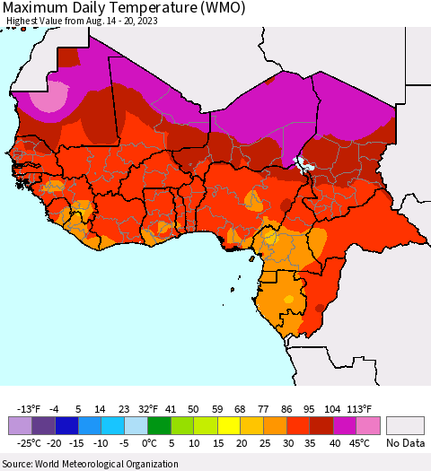 Western Africa Maximum Daily Temperature (WMO) Thematic Map For 8/14/2023 - 8/20/2023