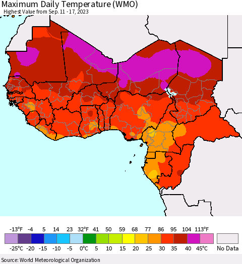 Western Africa Maximum Daily Temperature (WMO) Thematic Map For 9/11/2023 - 9/17/2023