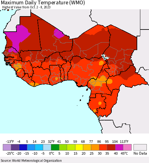 Western Africa Maximum Daily Temperature (WMO) Thematic Map For 10/2/2023 - 10/8/2023