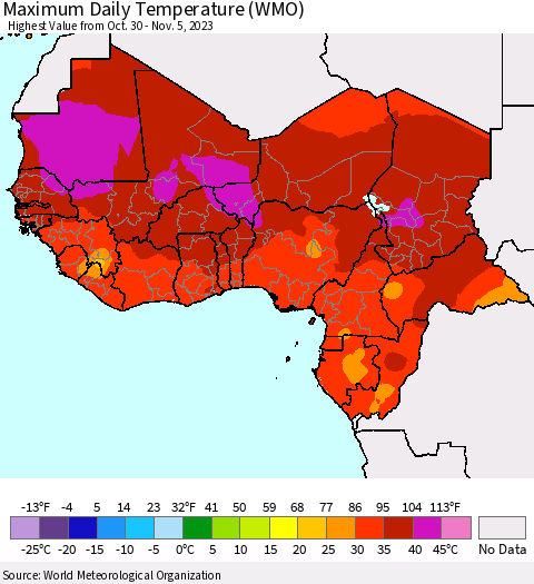 Western Africa Maximum Daily Temperature (WMO) Thematic Map For 10/30/2023 - 11/5/2023