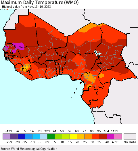 Western Africa Maximum Daily Temperature (WMO) Thematic Map For 11/13/2023 - 11/19/2023