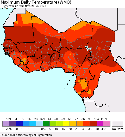 Western Africa Maximum Daily Temperature (WMO) Thematic Map For 11/20/2023 - 11/26/2023