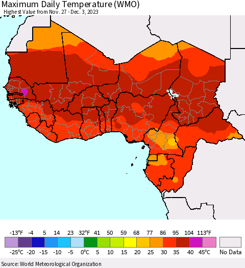 Western Africa Maximum Daily Temperature (WMO) Thematic Map For 11/27/2023 - 12/3/2023