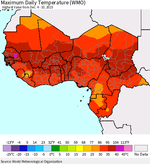 Western Africa Maximum Daily Temperature (WMO) Thematic Map For 12/4/2023 - 12/10/2023
