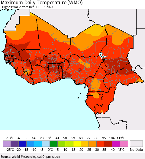 Western Africa Maximum Daily Temperature (WMO) Thematic Map For 12/11/2023 - 12/17/2023