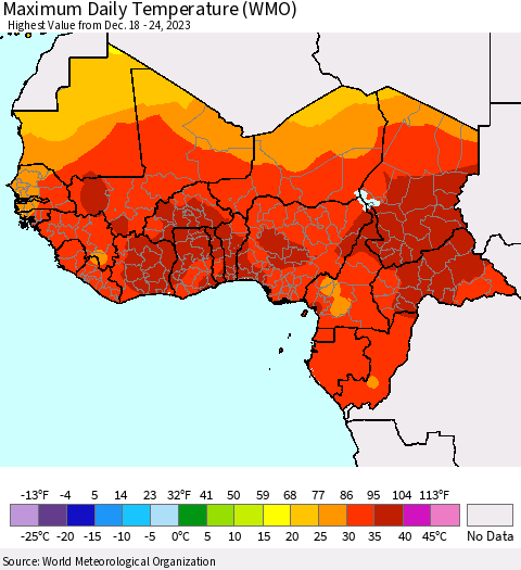 Western Africa Maximum Daily Temperature (WMO) Thematic Map For 12/18/2023 - 12/24/2023