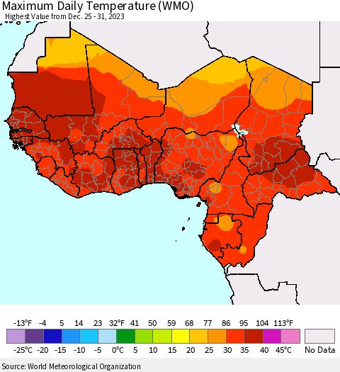 Western Africa Maximum Daily Temperature (WMO) Thematic Map For 12/25/2023 - 12/31/2023
