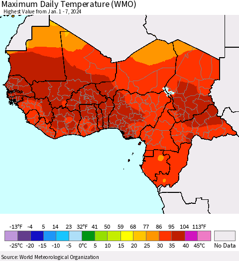 Western Africa Maximum Daily Temperature (WMO) Thematic Map For 1/1/2024 - 1/7/2024