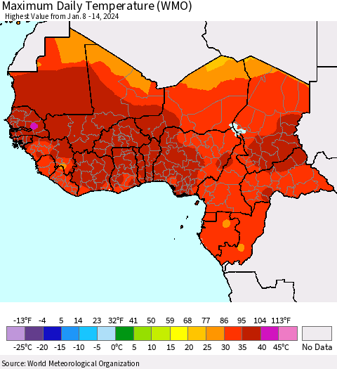 Western Africa Maximum Daily Temperature (WMO) Thematic Map For 1/8/2024 - 1/14/2024