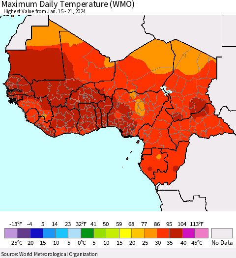Western Africa Maximum Daily Temperature (WMO) Thematic Map For 1/15/2024 - 1/21/2024