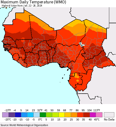 Western Africa Maximum Daily Temperature (WMO) Thematic Map For 1/22/2024 - 1/28/2024