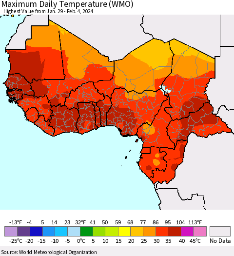 Western Africa Maximum Daily Temperature (WMO) Thematic Map For 1/29/2024 - 2/4/2024