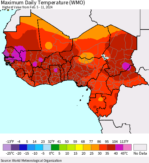 Western Africa Maximum Daily Temperature (WMO) Thematic Map For 2/5/2024 - 2/11/2024