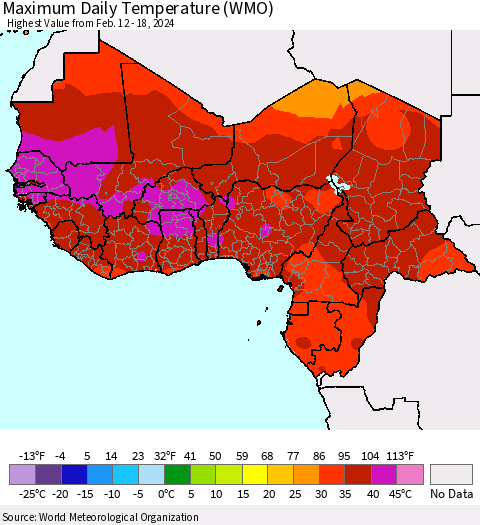Western Africa Maximum Daily Temperature (WMO) Thematic Map For 2/12/2024 - 2/18/2024