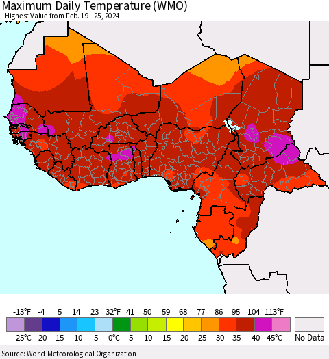 Western Africa Maximum Daily Temperature (WMO) Thematic Map For 2/19/2024 - 2/25/2024