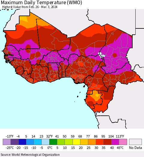 Western Africa Maximum Daily Temperature (WMO) Thematic Map For 2/26/2024 - 3/3/2024