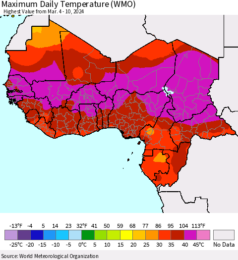 Western Africa Maximum Daily Temperature (WMO) Thematic Map For 3/4/2024 - 3/10/2024