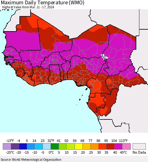 Western Africa Maximum Daily Temperature (WMO) Thematic Map For 3/11/2024 - 3/17/2024