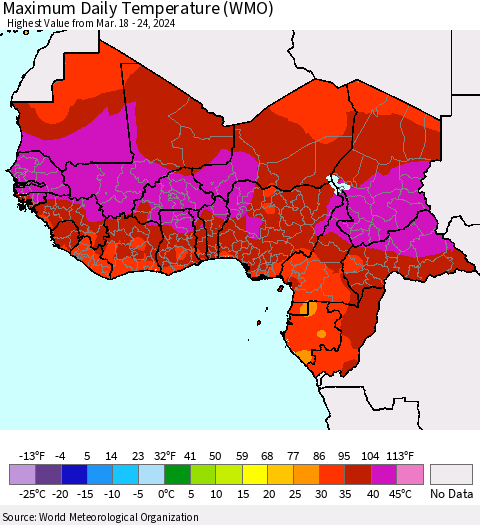 Western Africa Maximum Daily Temperature (WMO) Thematic Map For 3/18/2024 - 3/24/2024