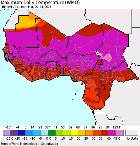 Western Africa Maximum Daily Temperature (WMO) Thematic Map For 3/25/2024 - 3/31/2024