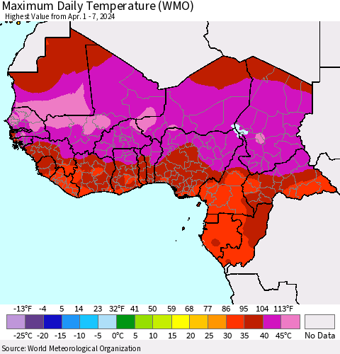 Western Africa Maximum Daily Temperature (WMO) Thematic Map For 4/1/2024 - 4/7/2024
