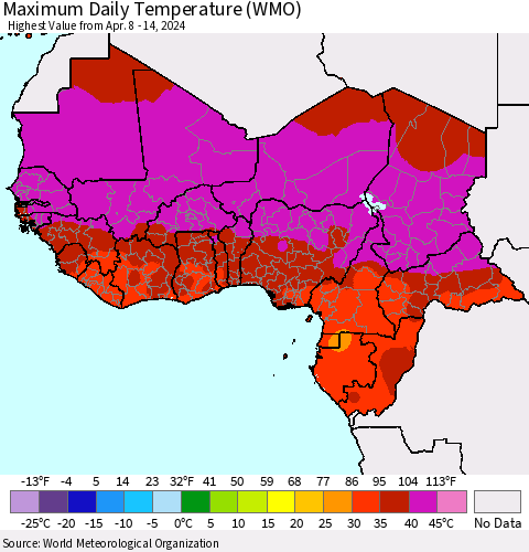 Western Africa Maximum Daily Temperature (WMO) Thematic Map For 4/8/2024 - 4/14/2024