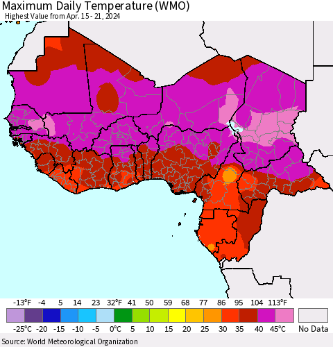 Western Africa Maximum Daily Temperature (WMO) Thematic Map For 4/15/2024 - 4/21/2024