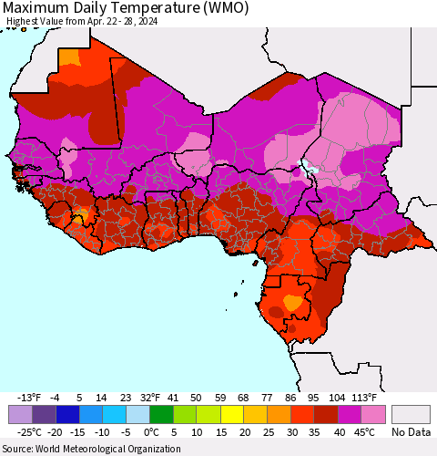 Western Africa Maximum Daily Temperature (WMO) Thematic Map For 4/22/2024 - 4/28/2024