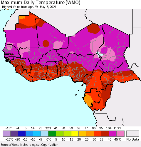 Western Africa Maximum Daily Temperature (WMO) Thematic Map For 4/29/2024 - 5/5/2024
