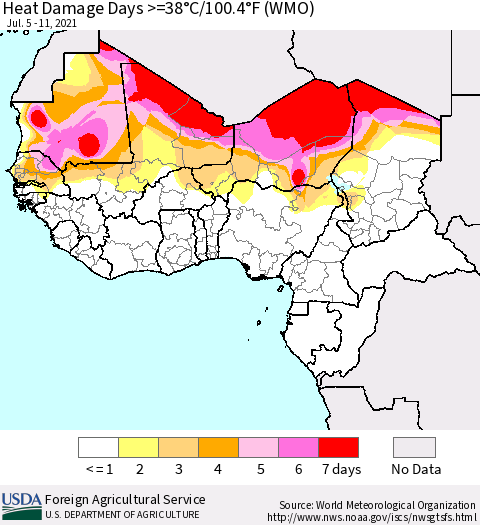 Western Africa Heat Damage Days >=38°C/100°F (WMO) Thematic Map For 7/5/2021 - 7/11/2021