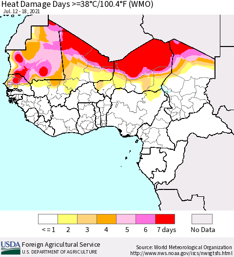 Western Africa Heat Damage Days >=38°C/100°F (WMO) Thematic Map For 7/12/2021 - 7/18/2021
