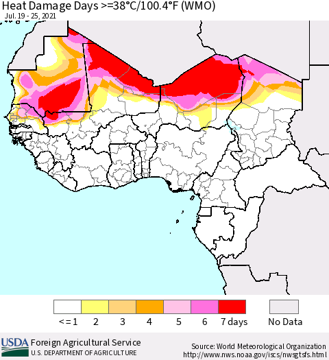 Western Africa Heat Damage Days >=38°C/100°F (WMO) Thematic Map For 7/19/2021 - 7/25/2021