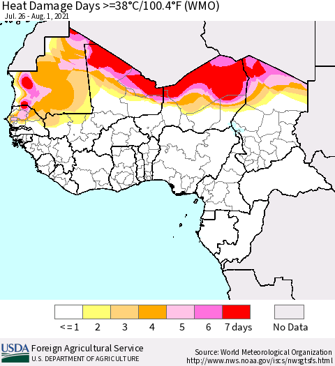 Western Africa Heat Damage Days >=38°C/100°F (WMO) Thematic Map For 7/26/2021 - 8/1/2021